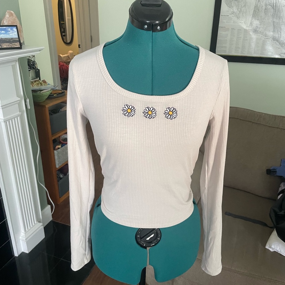 Caution to the Wind Embroidered Daisy Crop Long Sleeve Top